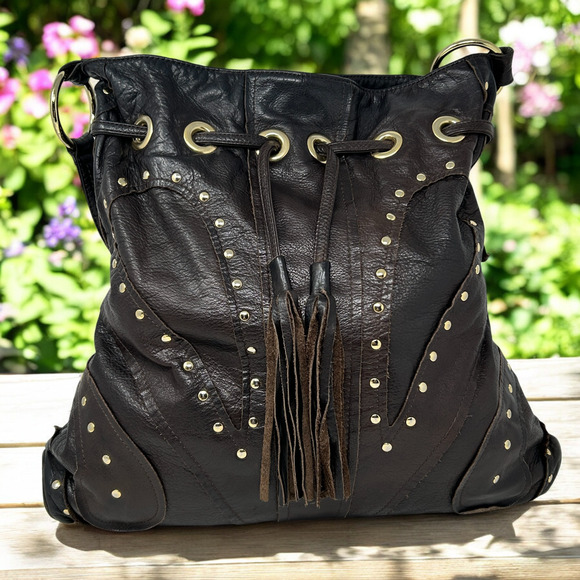 BULGA Handbags - Bulga Brown Leather Studded Bucket Hobo Shoulder Bag Tassel Fringe Boho Hippie